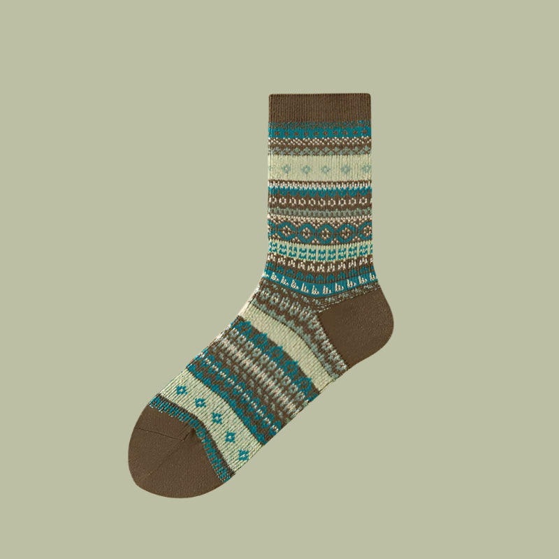 Retro Ethnic Rhombus Mid-Calf Socks Brown Free Size Infinite Avenue