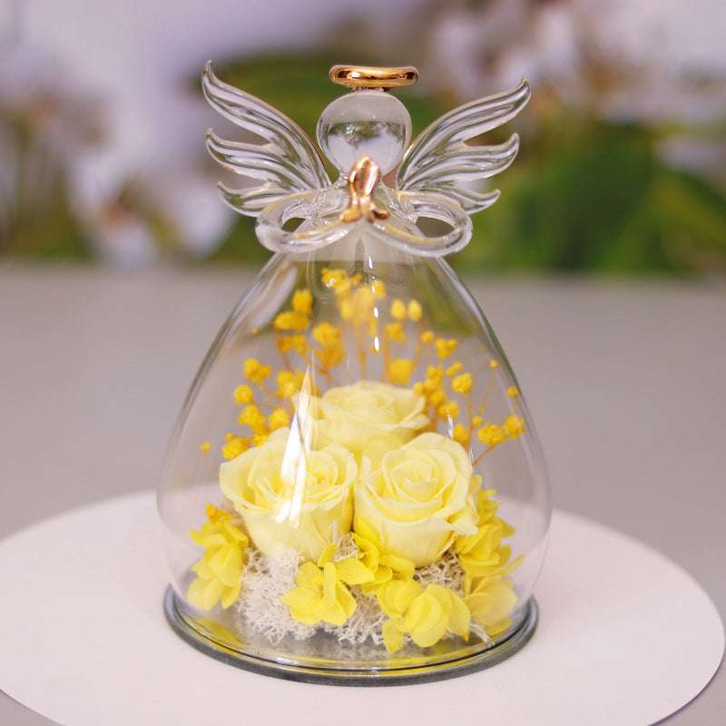 Eternal Flower Gift Box Angel Glass Cover Dried Rose Gift Box For Christmas New Year Valentine's Day Home Decor Large angel yellow Infinite Avenue