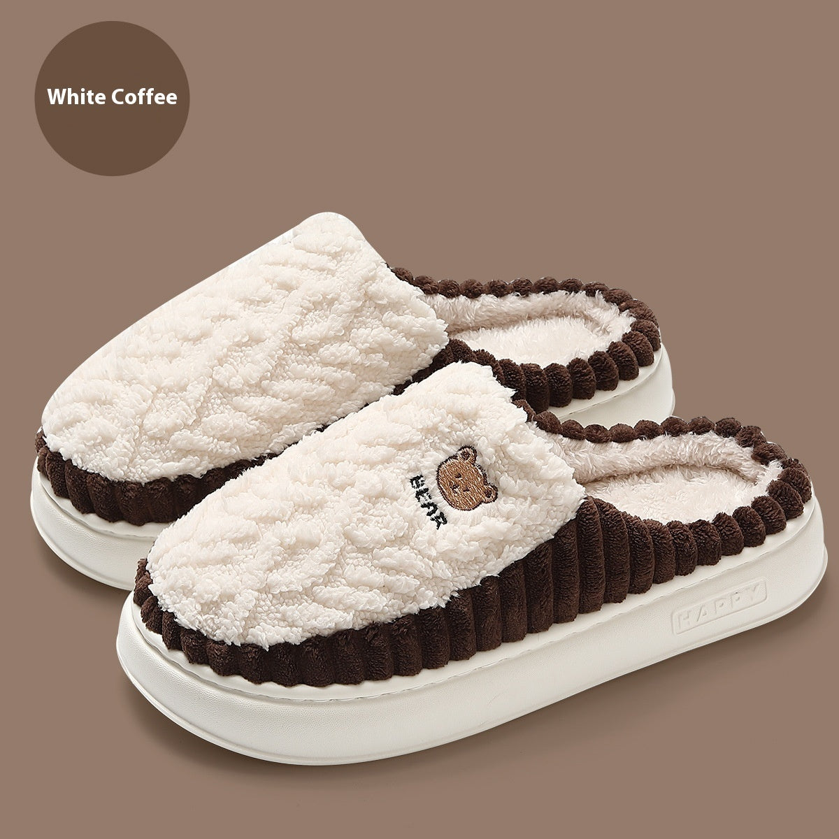 Cute Bear Plush Slippers Winter Warm Fleece Shoes Indoor Bedroom Floor Home Slippers For Women Men Couple White Coffee Infinite Avenue