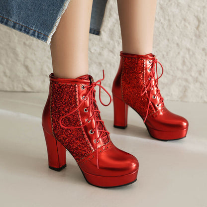 Autumn And Winter Thick Heel Lace-up Sequins Fashion Boots Infinite Avenue