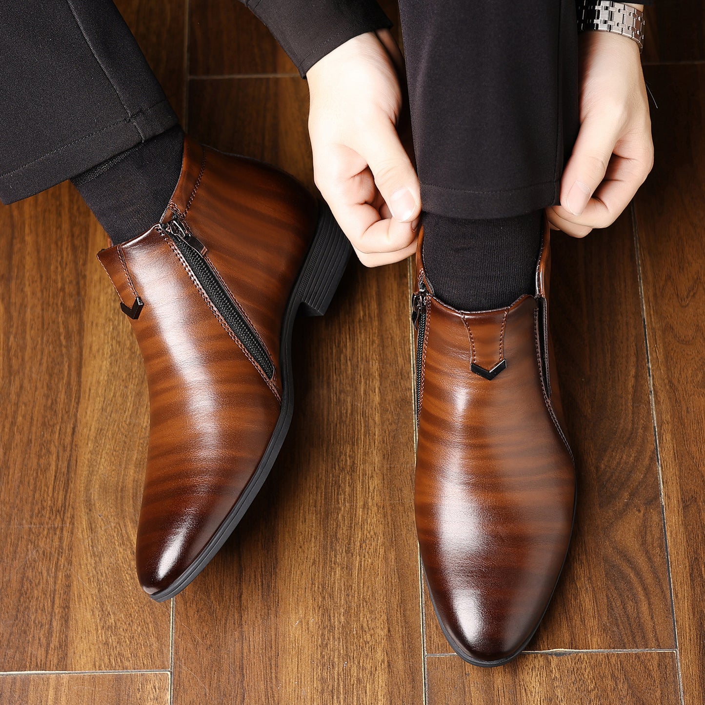 Men's Pointed White Striped Embossed Side Zipper Leather Ankle Boots Dark Brown Infinite Avenue