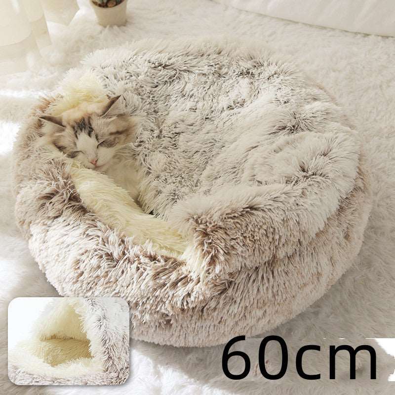 2 In 1 Dog And Cat Bed Pet Winter Bed Round Plush Warm Bed House Soft Long Plush Pets Bed Pet Products Hair Brown Infinite Avenue