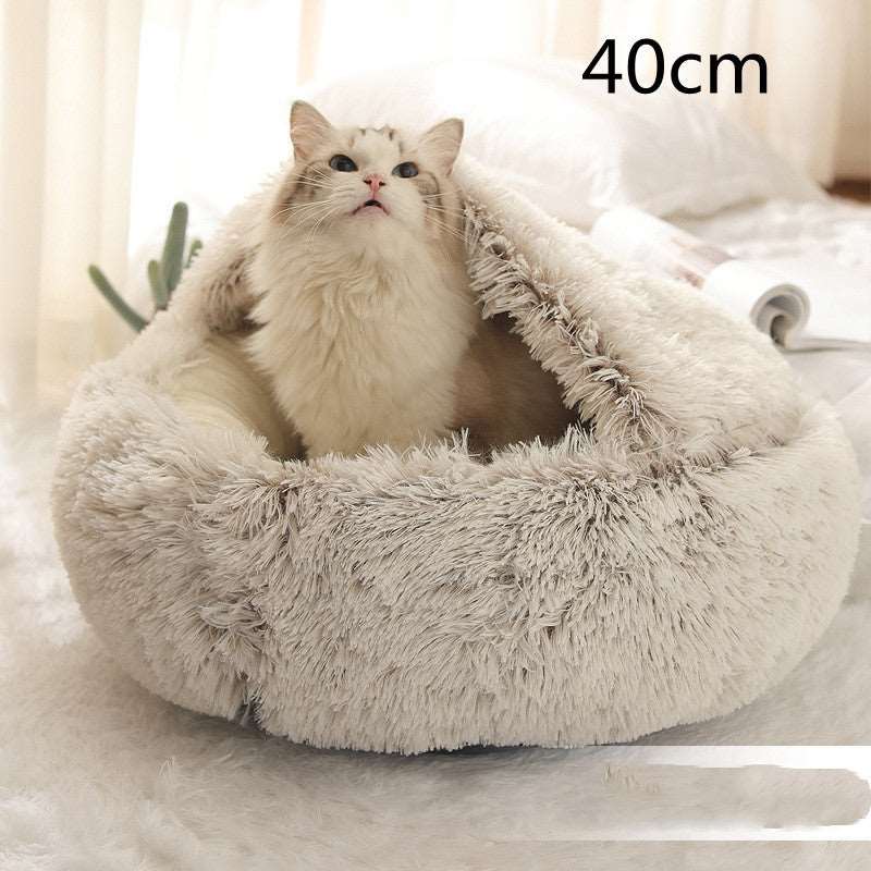 2 In 1 Dog And Cat Bed Pet Winter Bed Round Plush Warm Bed House Soft Long Plush Pets Bed Pet Products Brown 40cm Infinite Avenue