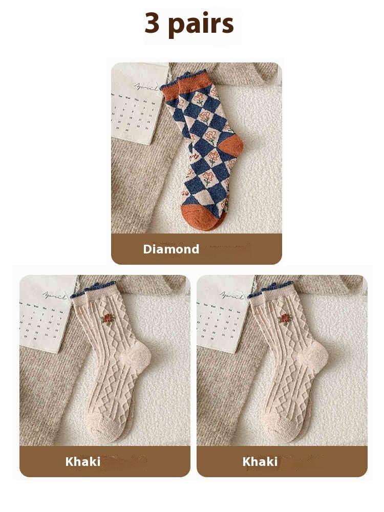 Vintage Floral Wool Fleece Lined Socks Diamond khaki khaki Free Size Infinite Avenue