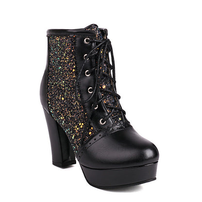 Autumn And Winter Thick Heel Lace-up Sequins Fashion Boots Black Infinite Avenue