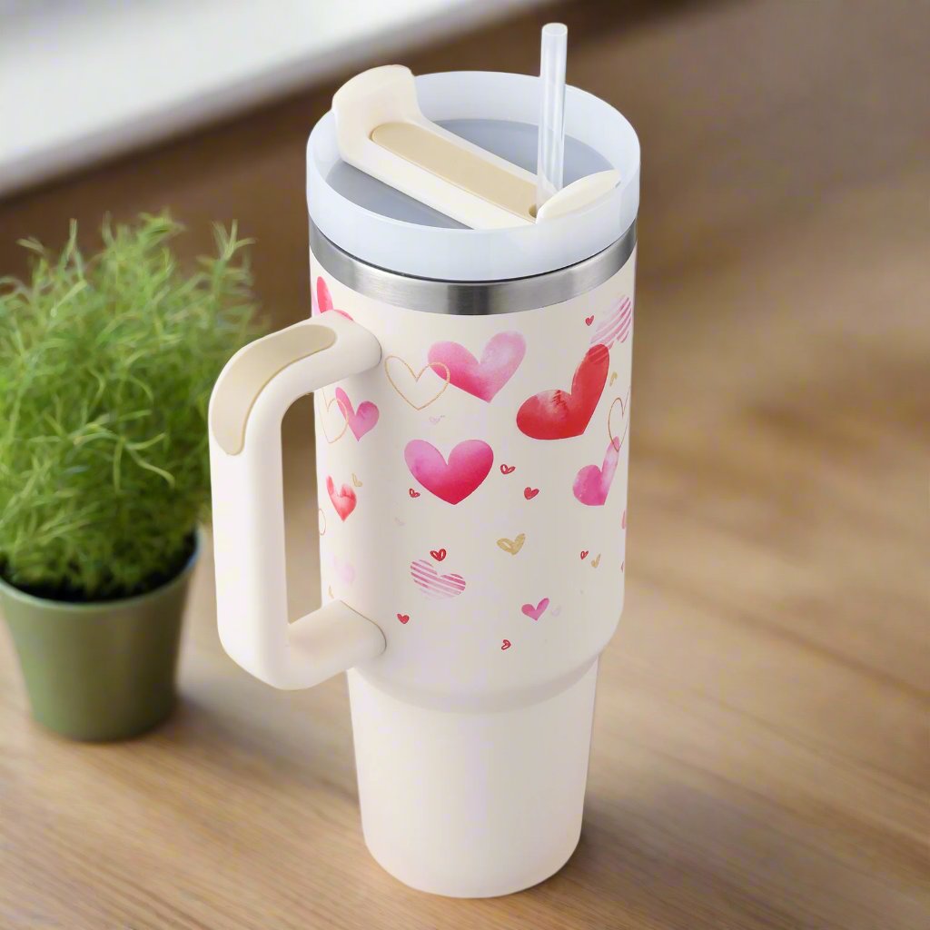 40oz Insulated Tumbler – Stainless Steel with Handle & Straw Pink love B 1200ML 1PC Infinite Avenue