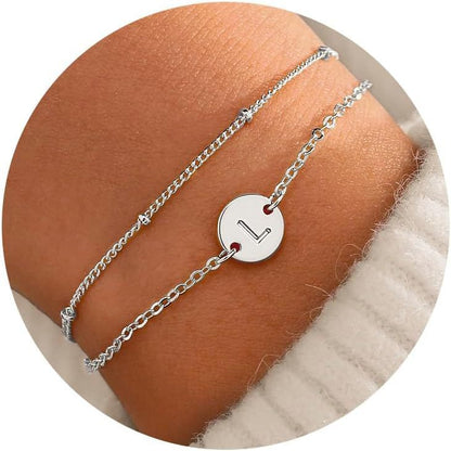 Silver Round 26 Letters Double Layer Bracelet Female Stainless Steel Small Rice-shaped Beads Layered Silver 1 Lobster Buckle Infinite Avenue