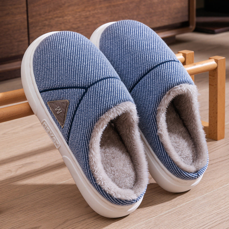 Solid Striped Home Slippers Winter Warm Fleece Shoes Men Indoor Bedroom Floor Plush Slippers For Women Couple Blue Infinite Avenue