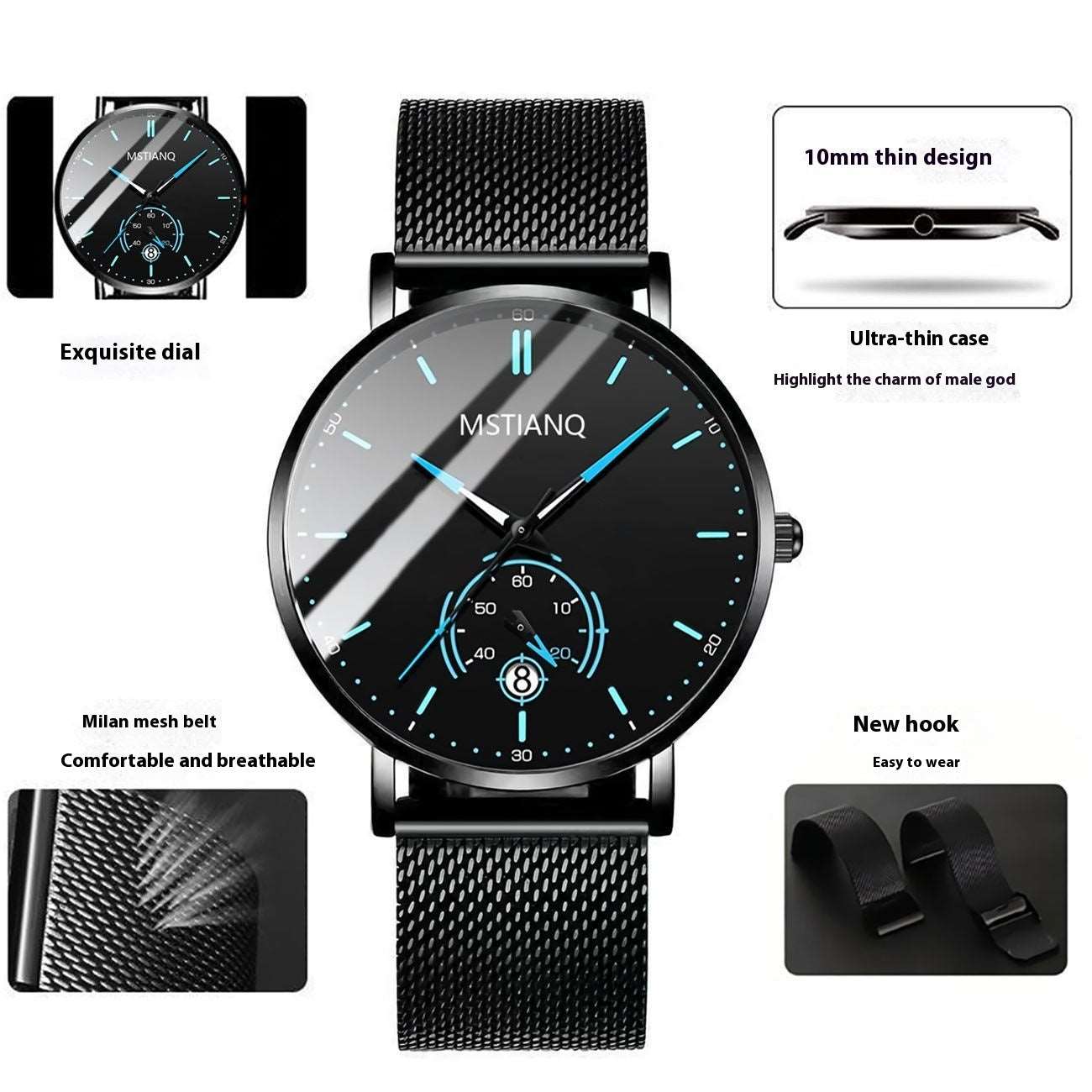 Trade Watch Stylish Black Technology Belt Refined Steel Korean Casual Calendar Net Belt Blue Plate Infinite Avenue