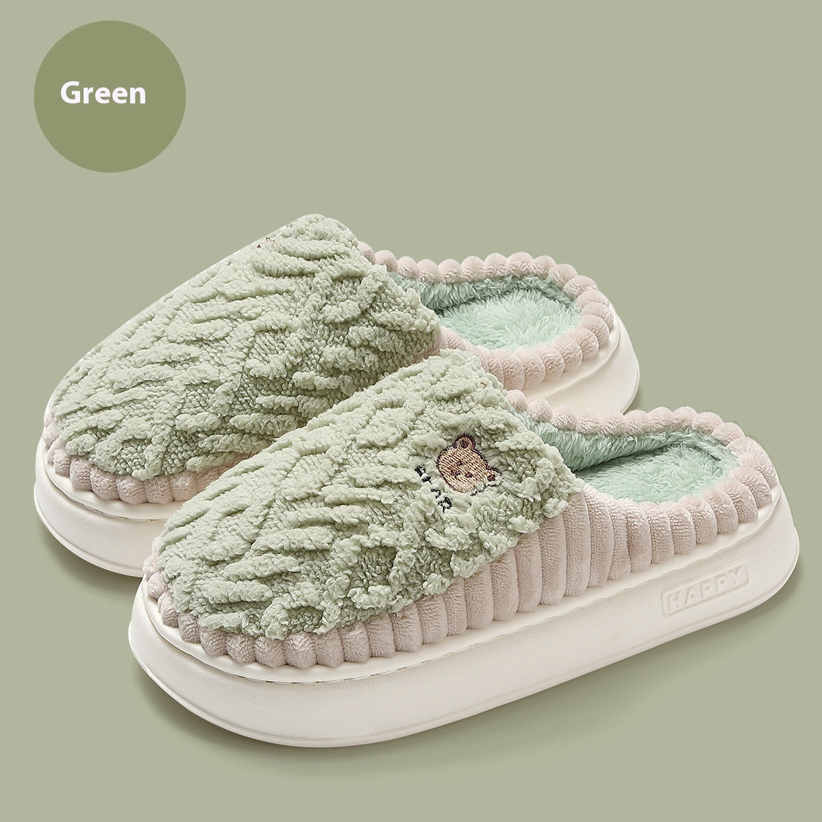 Cute Bear Plush Slippers Winter Warm Fleece Shoes Indoor Bedroom Floor Home Slippers For Women Men Couple Green Infinite Avenue