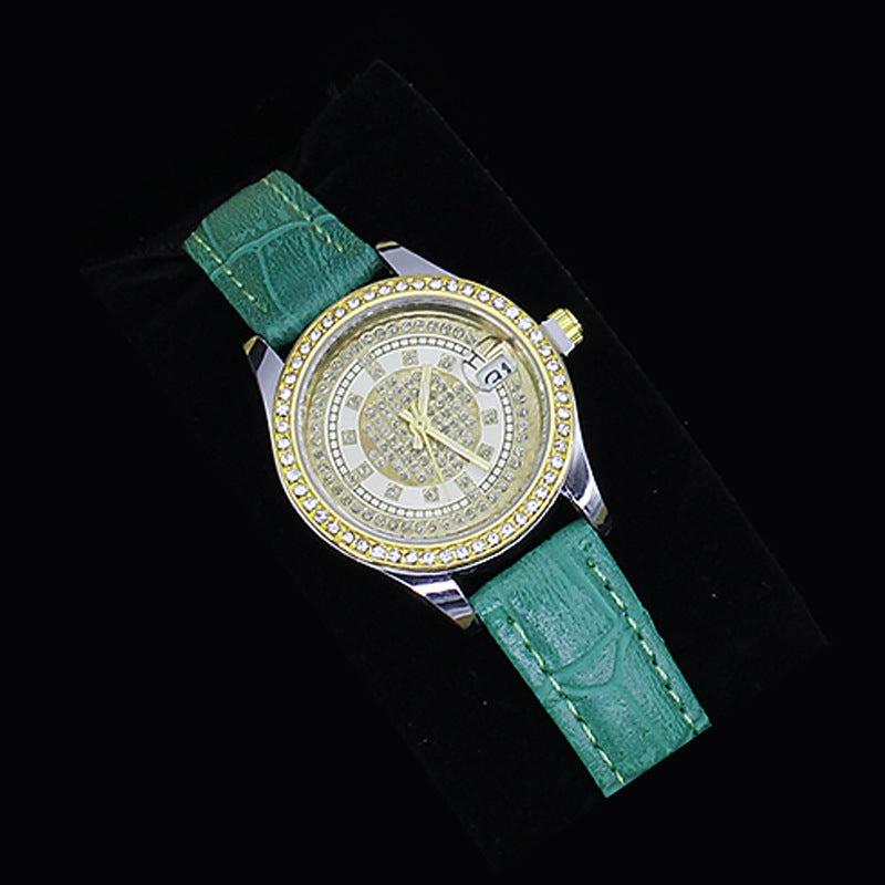 New Ladies Watch Good-looking Cross-border Valentine's Day Watch Jewelry Suit With Decoration White Face Green Belt Watch Infinite Avenue