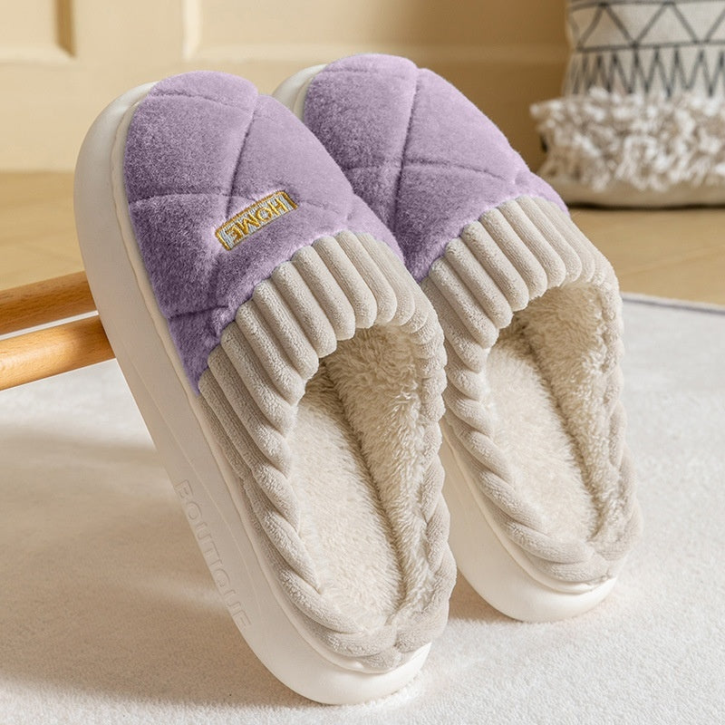 Men's Rhombic Sewing Plush Slippers Winter Warm Non-slip House Shoes For Women Bedroom Floor Home Slipper Couple Purple Infinite Avenue