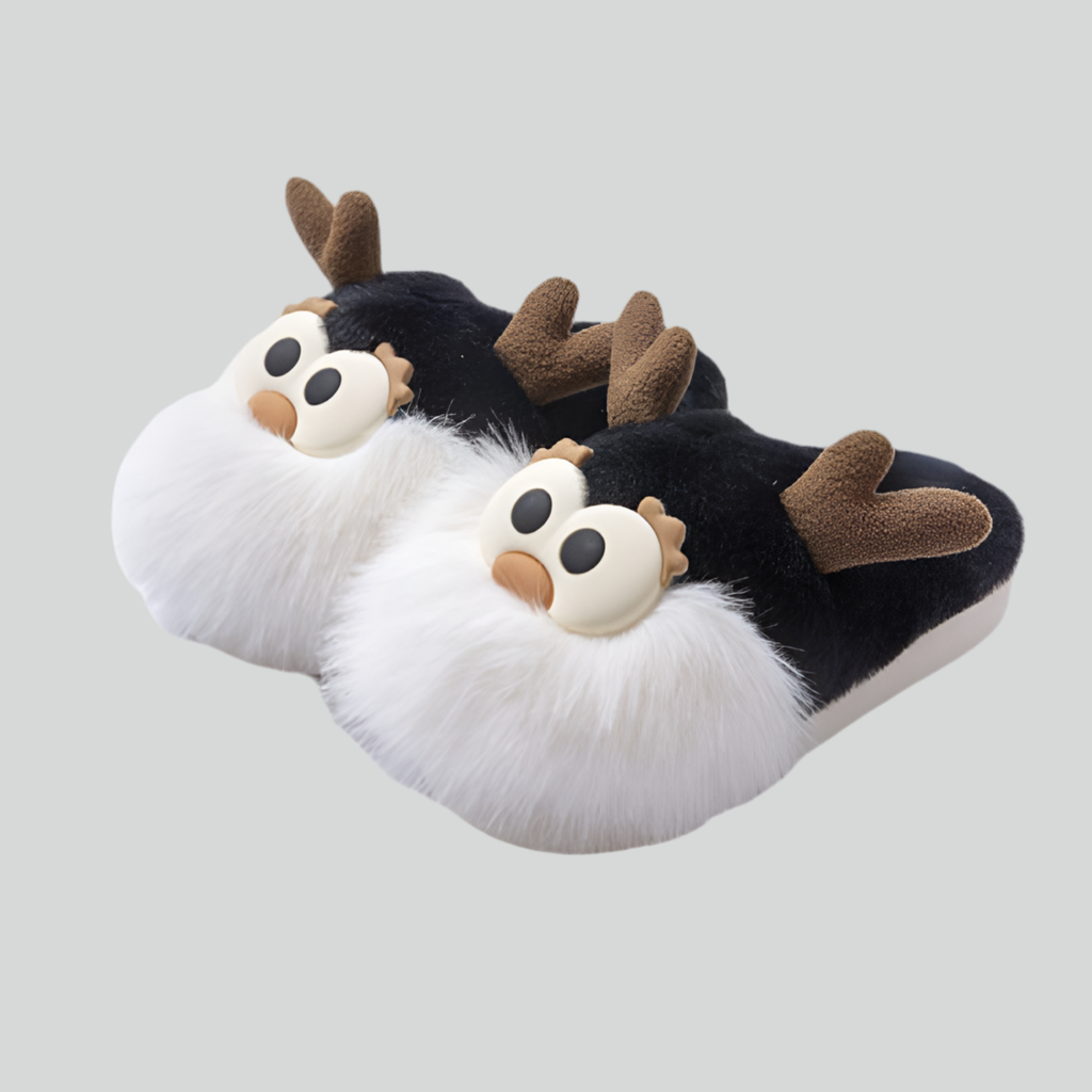 Cartoon Christmas Deer Slippers – Warm Plush Winter Shoes for Women Black Infinite Avenue