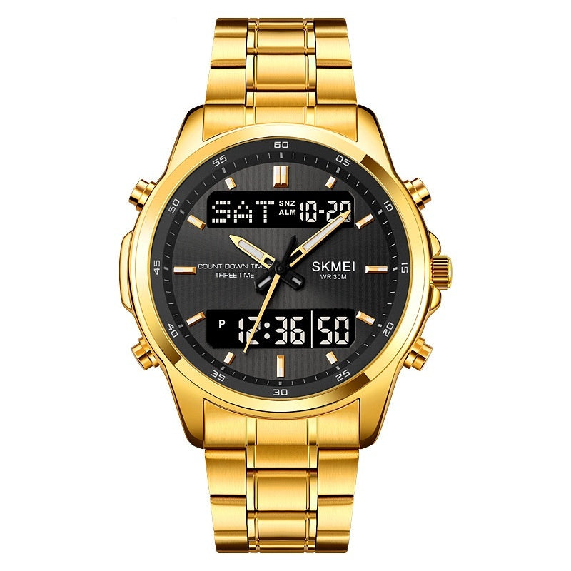 Multifunctional Men's Steel Strap Watch Double Display Sports Golden Black Machine Infinite Avenue