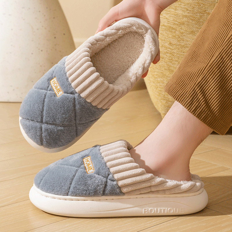 Men's Rhombic Sewing Plush Slippers Winter Warm Non-slip House Shoes For Women Bedroom Floor Home Slipper Couple Infinite Avenue