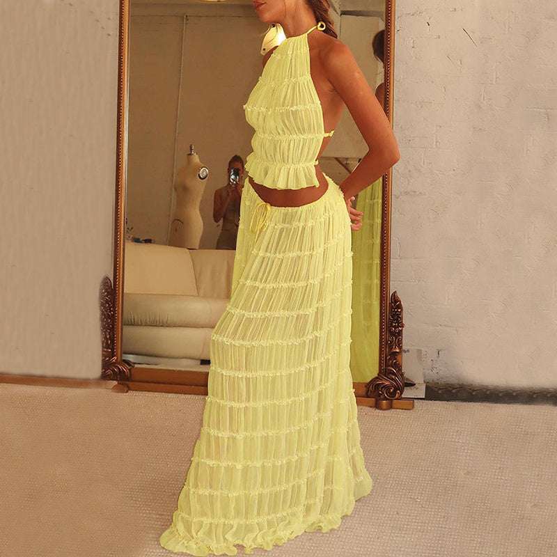 2pcs Women's Dress Suit Sexy Sleeveless Backless Cropped Halter Top And Pleated Long Skirt Beach Clothing Yellow Infinite Avenue