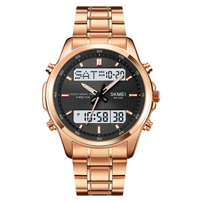 Multifunctional Men's Steel Strap Watch Double Display Sports Rose Gold White Machine Infinite Avenue