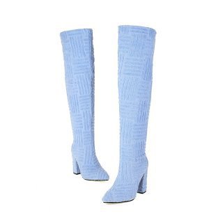 Plus Size Sexy Pointed Toe Thermal Towel Boots Sky Blue Chunky Heel Infinite Avenue