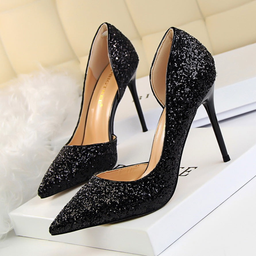 Skinny Women's Shoes Stiletto Heel Shallow Mouth Pointed Side Hollow-out Sequin Black Infinite Avenue