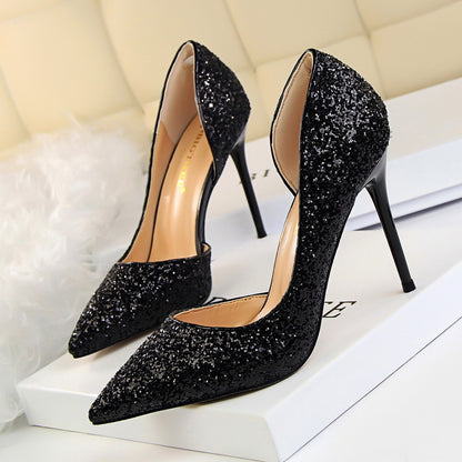 Skinny Women's Shoes Stiletto Heel Shallow Mouth Pointed Side Hollow-out Sequin Black Infinite Avenue