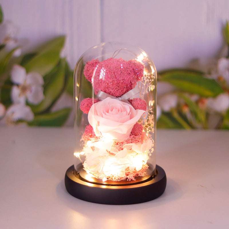 Valentine's Day Gift For Girlfriend Eternal Preserved Rose Flower Gift Box Teddy Bear Eternal Flower With Lights Gift For Women Home Decor Black Base Pink Infinite Avenue