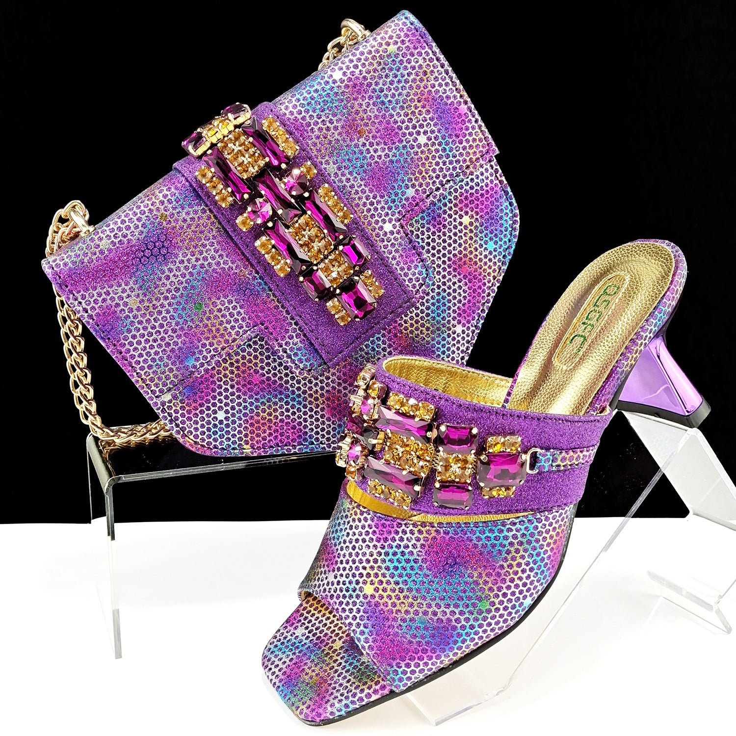 Women's Camouflage Shoes & Bag Set – Buckle Decor, High Heels Purple Infinite Avenue