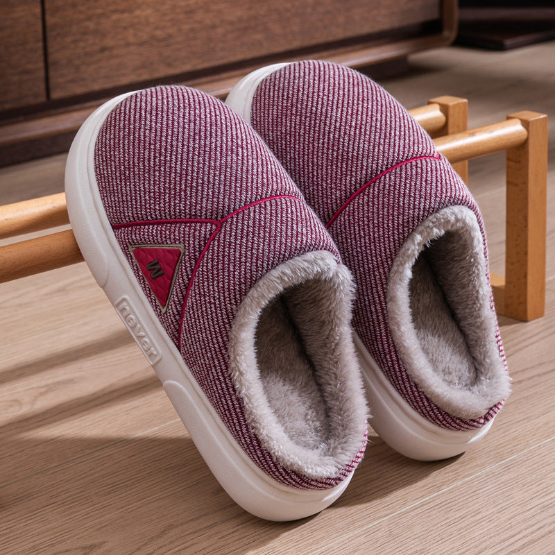 Solid Striped Home Slippers Winter Warm Fleece Shoes Men Indoor Bedroom Floor Plush Slippers For Women Couple Red Infinite Avenue