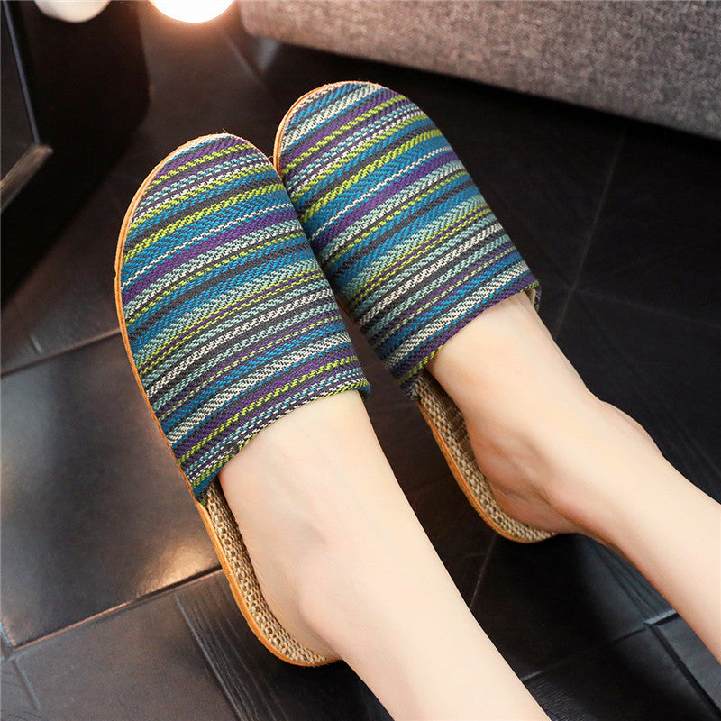 Home Linen Slippers Printed Cute Fashion Striped Toe Cap Blue Infinite Avenue