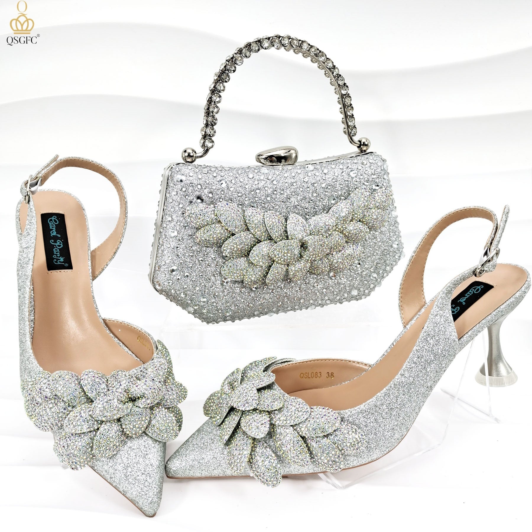 Handmade Ladies Party Shoes & Bag Set – Leaf Decor, Wine Glass Heel Silver Infinite Avenue