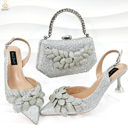 Cross-border Ladies Party Shoes Bag Set Handmade Leaf Decorative Wine Glass Heel Silver Infinite Avenue