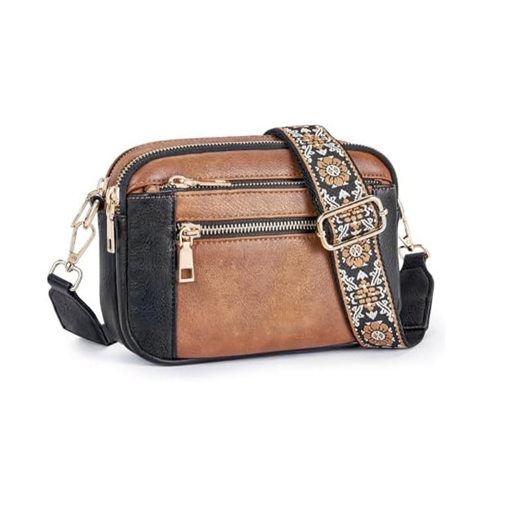 Cow Color Matching Multifunctional Zipper Crossbody Bag Black Brown Infinite Avenue