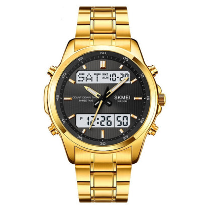 Multifunctional Men's Steel Strap Watch Double Display Sports Golden White Machine Infinite Avenue