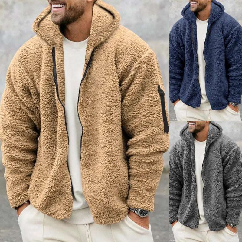 Plush Hooded Jacket Men's Autumn And Winter Fleece Double-sided Wear Warm Coat With Zipper Loose Casual Jacket Outdoor Clothing Infinite Avenue