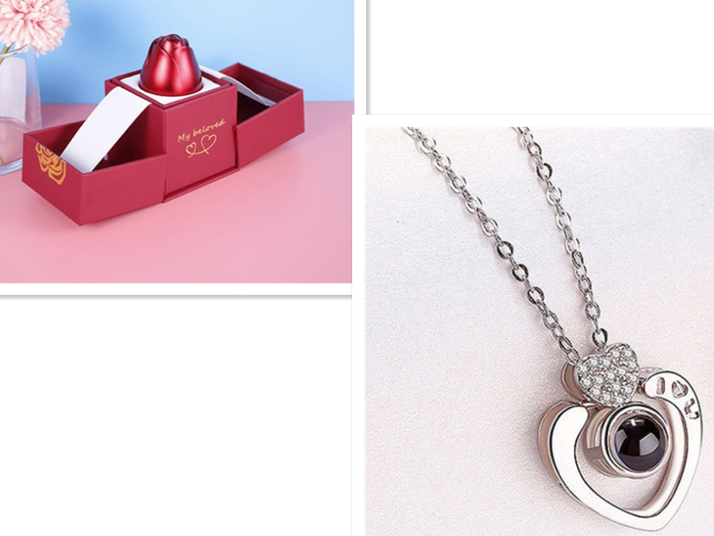 Hot Valentine's Day Gifts Metal Rose Jewelry Gift Box Necklace For Wedding Girlfriend Necklace Gifts Silver set D Infinite Avenue