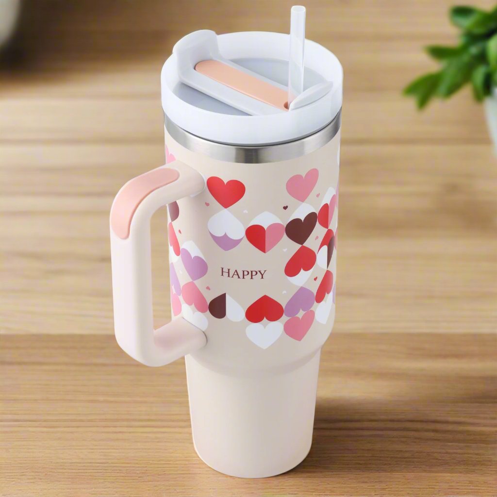 40oz Insulated Tumbler – Stainless Steel with Handle & Straw Pink love A 1200ML Infinite Avenue