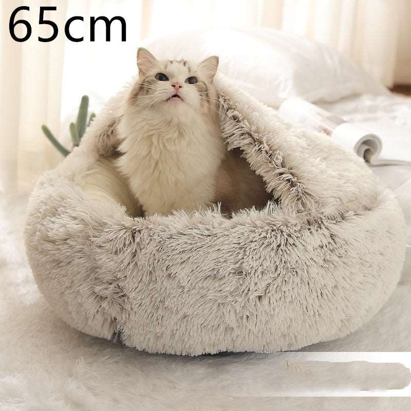 2 In 1 Dog And Cat Bed Pet Winter Bed Round Plush Warm Bed House Soft Long Plush Pets Bed Pet Products Brown 65cm Infinite Avenue