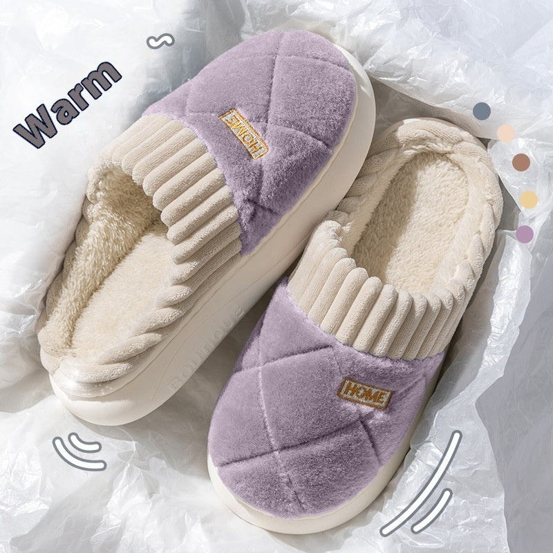 Men's Rhombic Sewing Plush Slippers Winter Warm Non-slip House Shoes For Women Bedroom Floor Home Slipper Couple Infinite Avenue