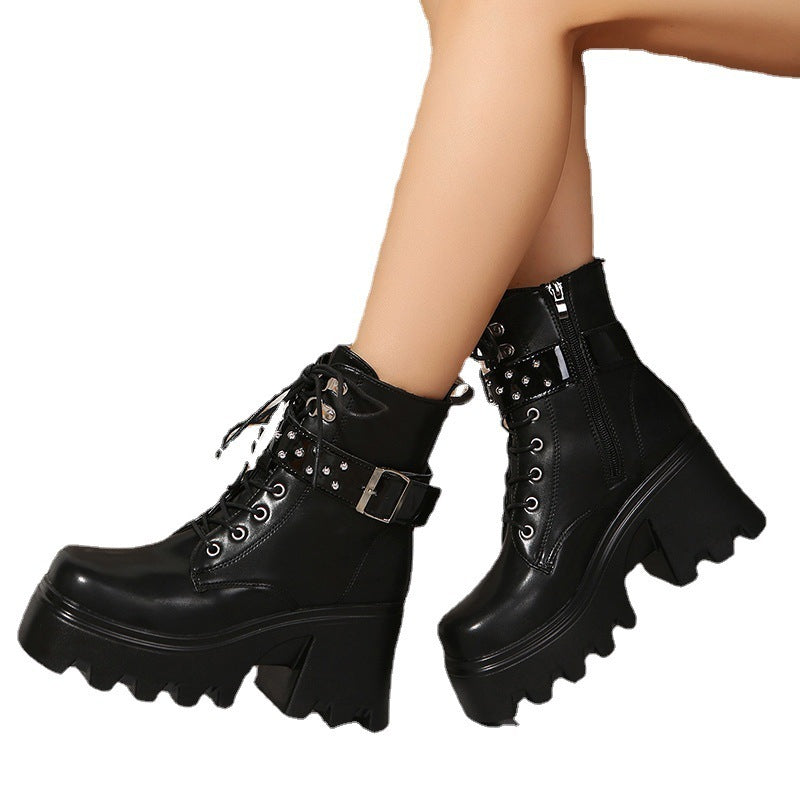 Fashion Round Toe Side Zipper Mid Heel Platform Leather Boots Infinite Avenue