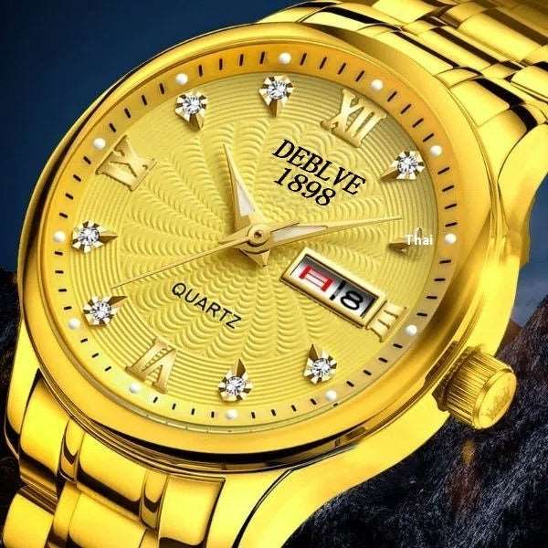 Fashion Alloy Steel Belt Waterproof Luminous Men's Dual Calendar Watch Gold 6902 Infinite Avenue