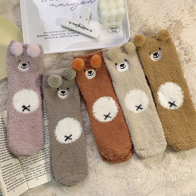 Cute Bear Fleece-Lined Coral Socks – Warm for Autumn & Winter Free Size Infinite Avenue