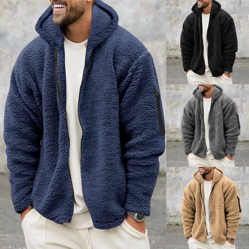 Plush Hooded Jacket Men's Autumn And Winter Fleece Double-sided Wear Warm Coat With Zipper Loose Casual Jacket Outdoor Clothing Infinite Avenue