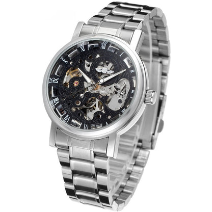 Winner Round Hollow Transparent Mechanical Steel Strap Watch Black Silver Steel Belt Infinite Avenue