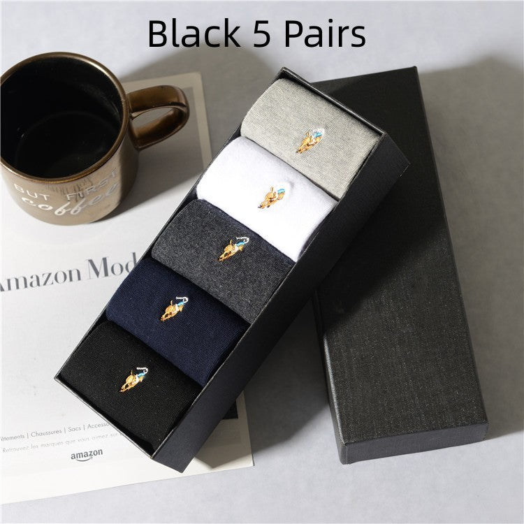 Men's Embroidered Pure Cotton Socks – All Seasons Black 5 Pairs Free Size Infinite Avenue