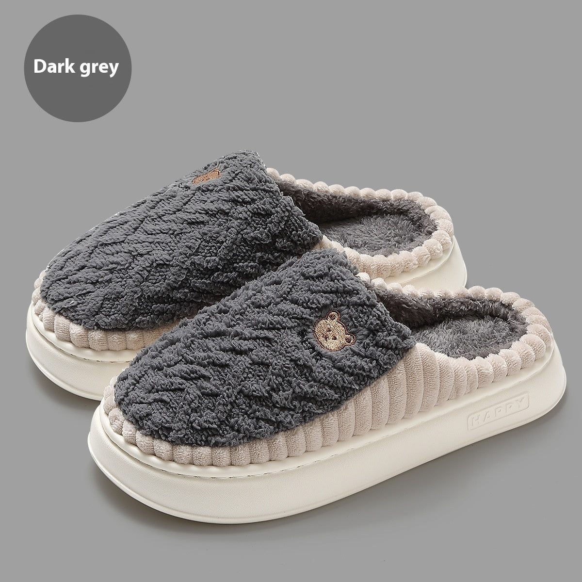 Cute Bear Plush Slippers Winter Warm Fleece Shoes Indoor Bedroom Floor Home Slippers For Women Men Couple Dark Grey Infinite Avenue