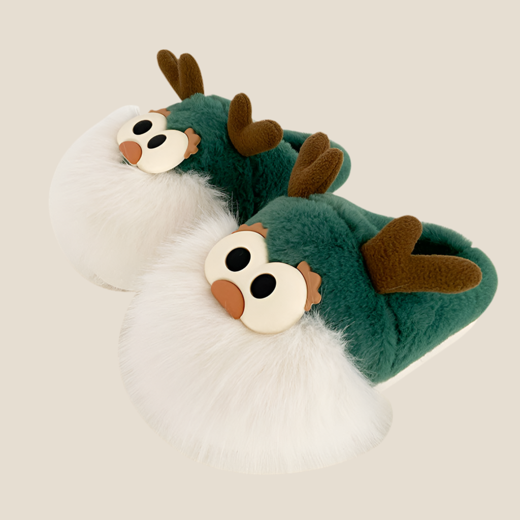 Cartoon Christmas Deer Slippers – Warm Plush Winter Shoes for Women Green Infinite Avenue