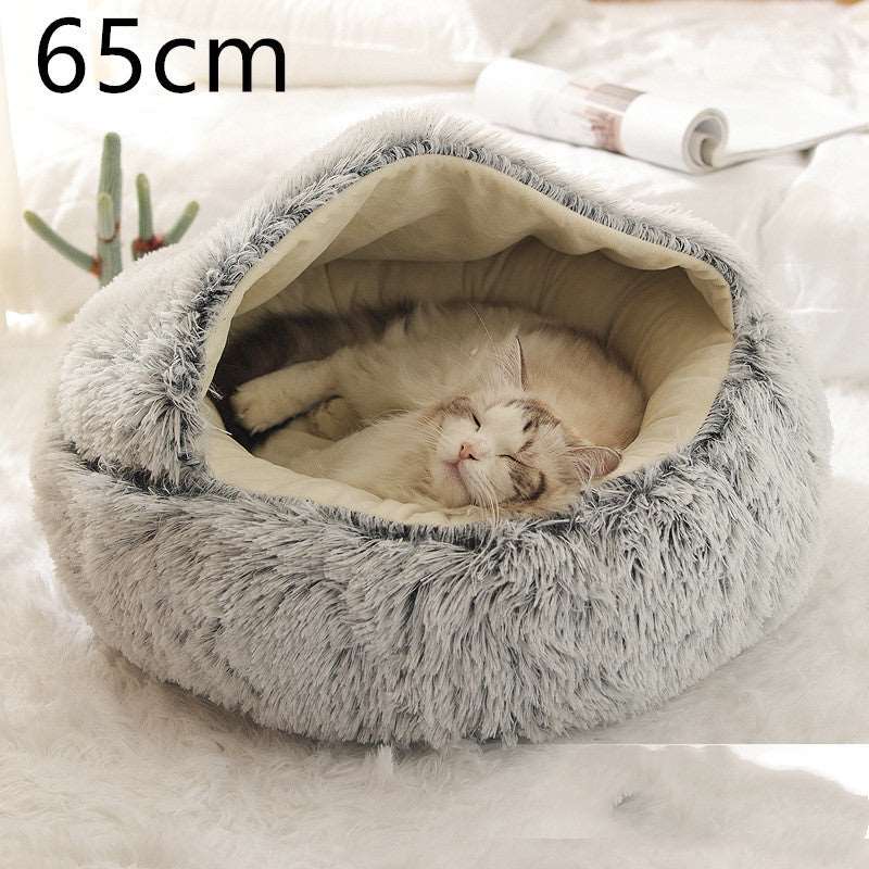 2 In 1 Dog And Cat Bed Pet Winter Bed Round Plush Warm Bed House Soft Long Plush Pets Bed Pet Products Grey 65cm Infinite Avenue