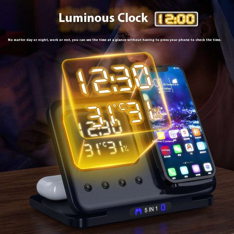 15W 5-in-1 Wireless Charger Stand – LED Alarm Clock & Fast Charging Infinite Avenue