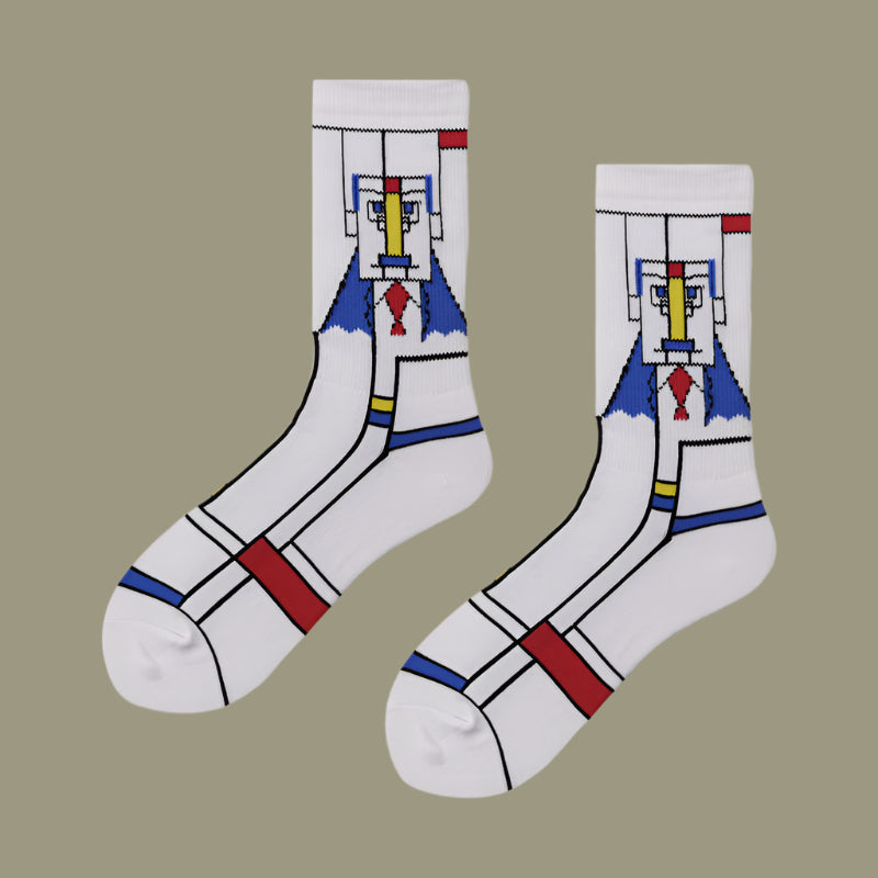 Creative Printed Mid-Length Casual Socks – Breathable White and Blue Robot Free Size 39 to 44 Infinite Avenue