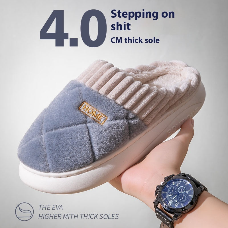 Men's Rhombic Sewing Plush Slippers Winter Warm Non-slip House Shoes For Women Bedroom Floor Home Slipper Couple Infinite Avenue