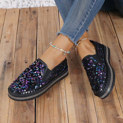 Round Toe Flat Bottom Color-blocking Sequin Oversized Shoes Black And Blue Infinite Avenue